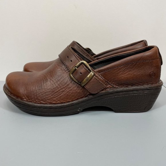 Born Clogs Shoes Buckle Harness Slip On Leather Brown Wedge Heel Womens 11 - Picture 5 of 12